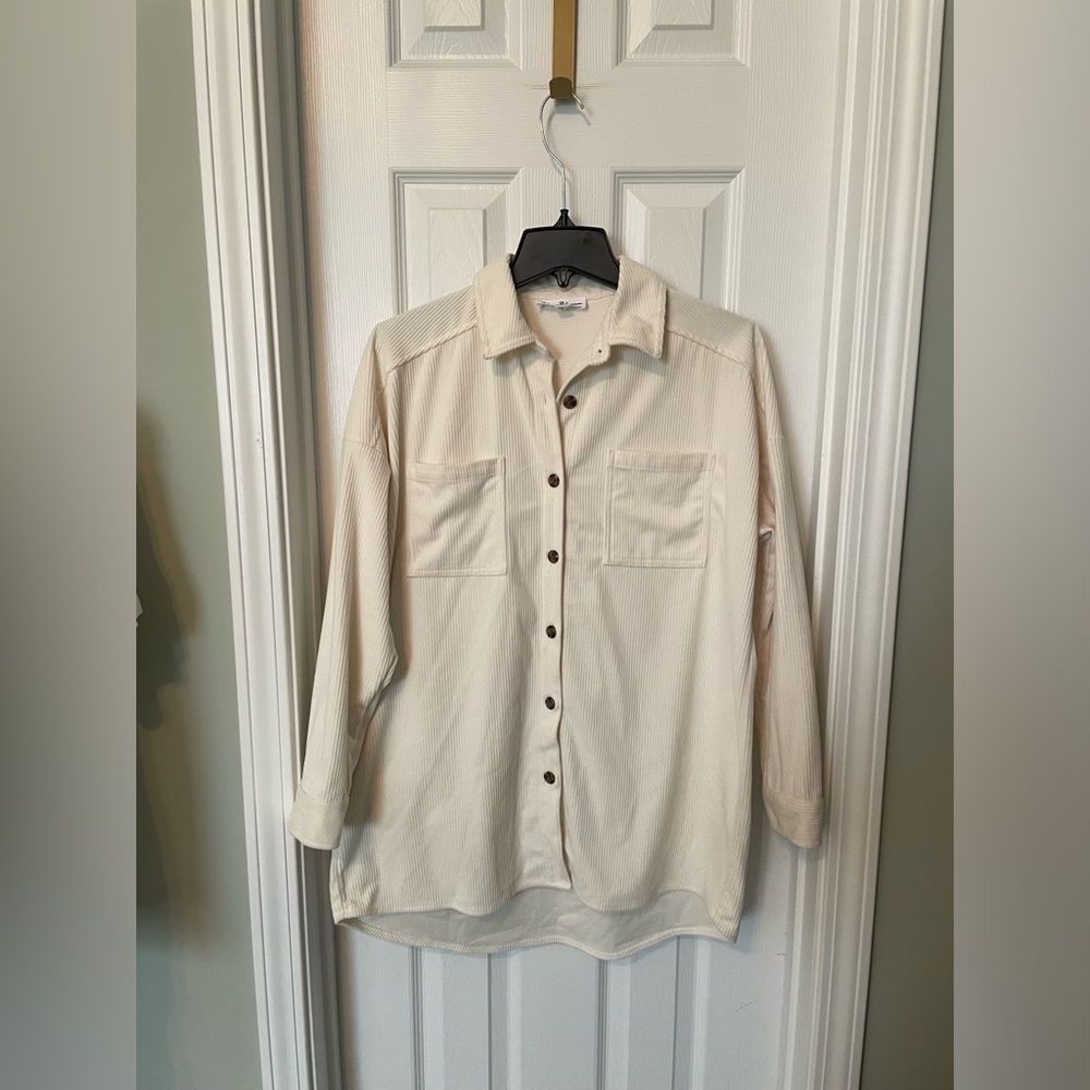 Blue Blossom boutique women's off-white corduroy button up shacket